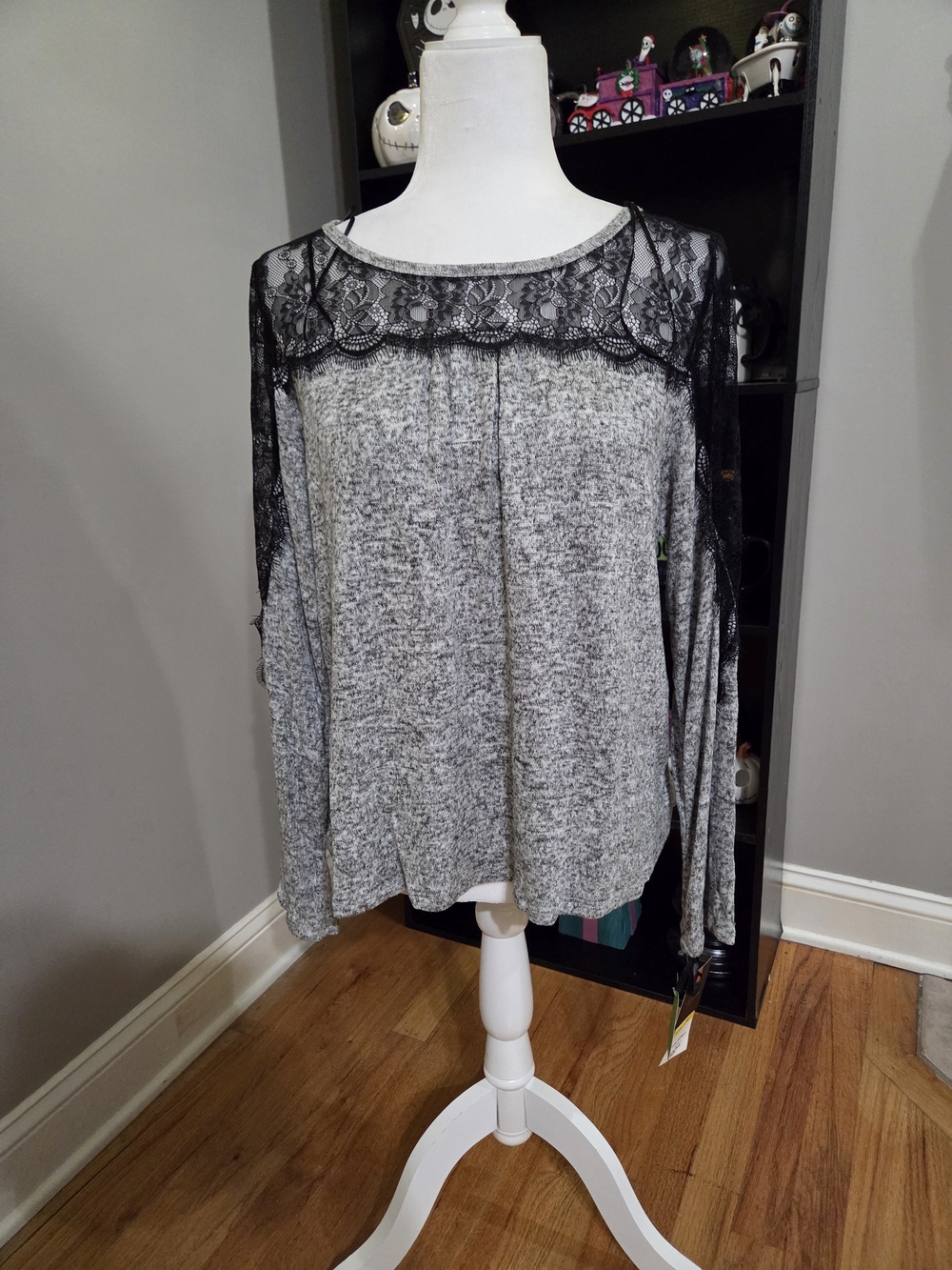 Takara Gray Long Sleeve Top with Black Lace Yoke